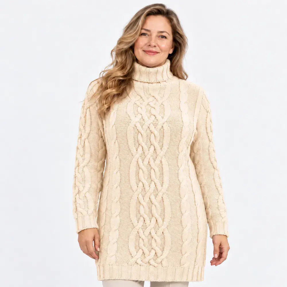 🧶🧥【1 kus, S–3XL】Dámske hrubé pletené šaty s rolákom a vrkočovým vzorom – pohodlný strih na jeseň a zimu.