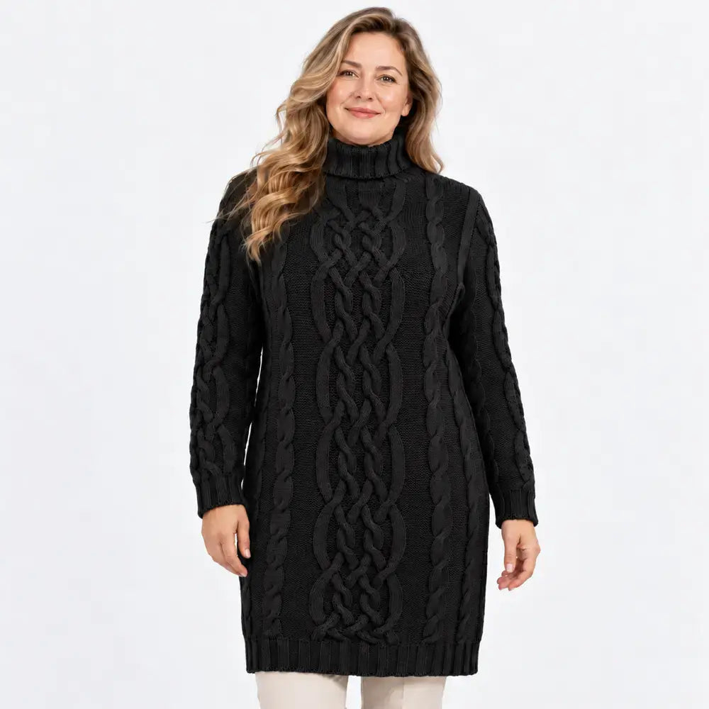 🧶🧥【1 kus, S–3XL】Dámske hrubé pletené šaty s rolákom a vrkočovým vzorom – pohodlný strih na jeseň a zimu.
