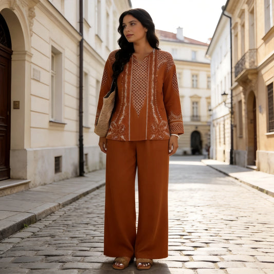Elegancki damski komplet 2-częściowy: bluzka z nadrukiem w stylu vintage i spodnie z szerokimi nogawkami, miękki, oddychający i swobodny materiał