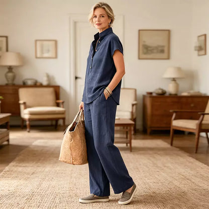 🔥【Zniżka ograniczona czasowo】【S-3XL】✨Komplet damski z lnu i bawełny – bluzka z krótkim rękawem i spodnie z szerokimi nogawkami, swobodny, elegancki styl letni
