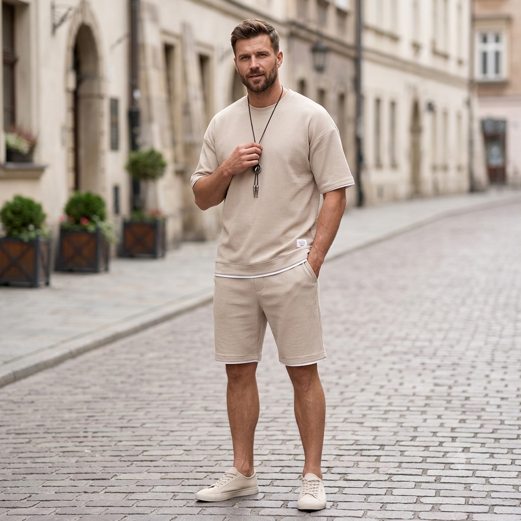🔥😎【Nowość!✨】【Koszulka + spodenki】Męski, oddychający zestaw sportowy, stylowy i swobodny, idealny na lato.