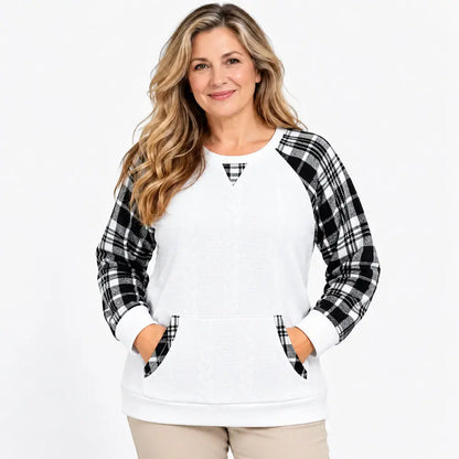 【S–2XL / 6 kolorów】Jesienno-zimowy sweter w kratę – luźny longsleeve w stylu western (patchwork) z okrągłym dekoltem