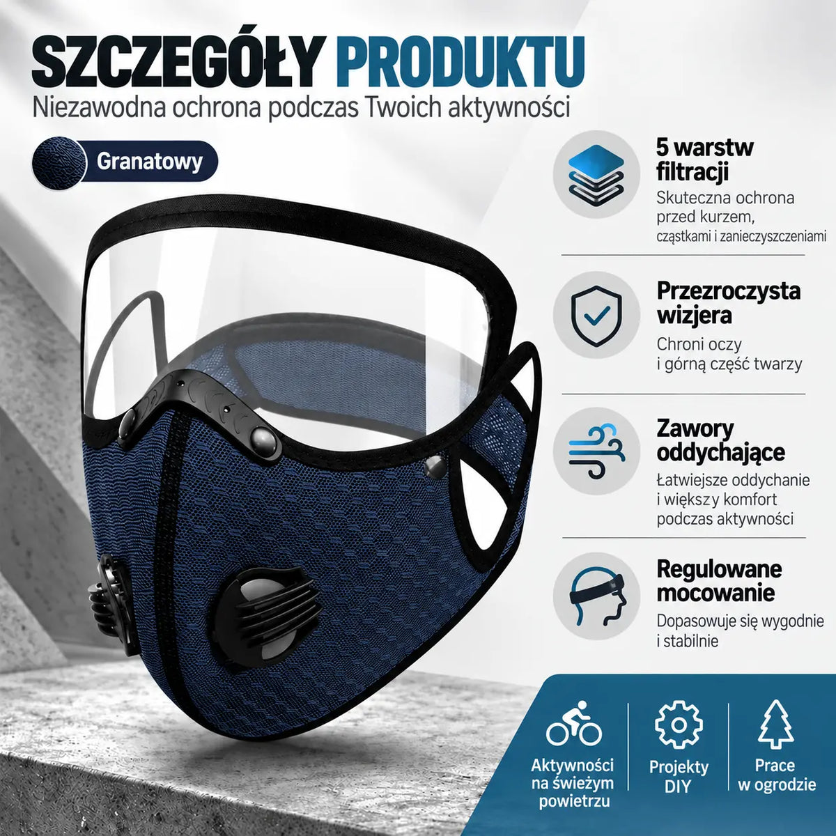 🔥 【OFERTA LIMITOWANA: Kup 1, drugi otrzymasz gratis】 Wielofunkcyjna maska ochronna do sportu i pracy 🚴 | Odpinana szybka HD · Idealna do jazdy na rowerze, koszenia trawy i prac w zapyleniu · 4 kolory