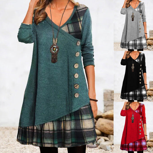 👗🔥Damska sukienka casualowa z długimi rękawami i kontrastowymi detalami. Guziki w formie patchworku są klasyczne i eleganckie. 【S-3XL】