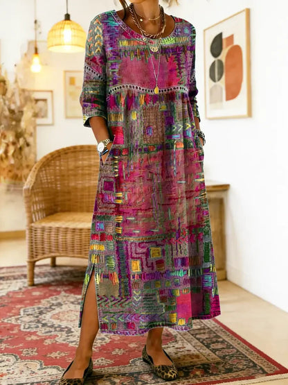 💟【50% DE DESCUENTO】Vestido de algodón con estampado étnico y patchwork para mujer con ribete de encaje