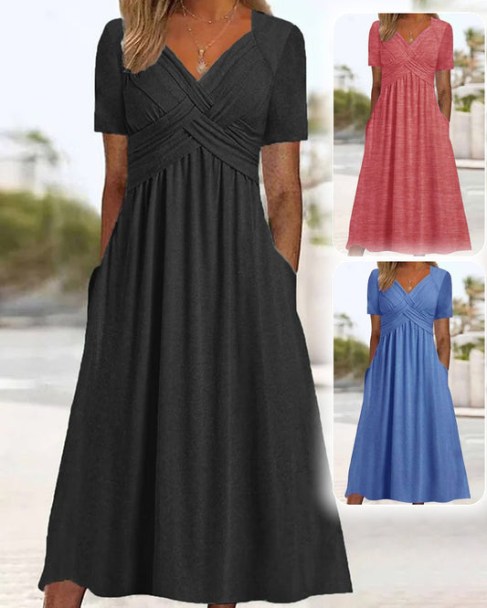 🌷💟【S-3XL】Vestido de verano 2025 nuevo, informal, holgado, de manga corta y color liso, largo medio