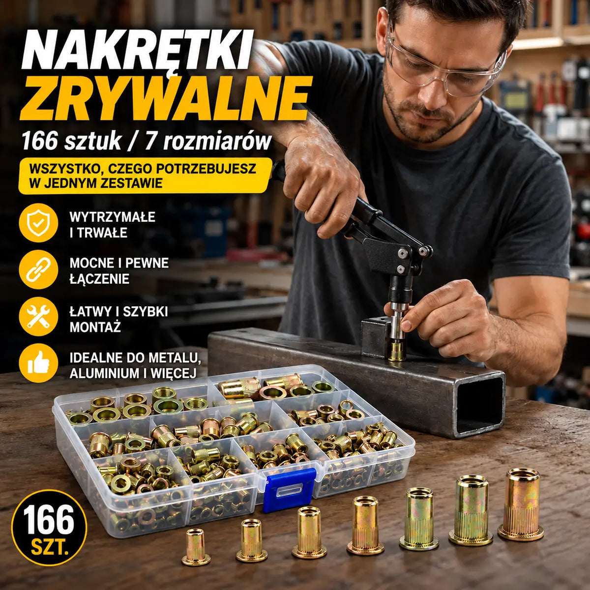 【166 elementów】🏆Ostatni dzień tej specjalnej oferty – zaoszczędź 49%!🛠️Zestaw narzędzi do nitonakrętek, zawiera nitonakrętki w rozmiarach M3, M4, M5, M6 oraz M8