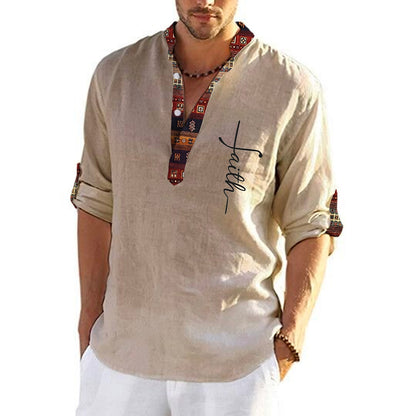 🔥Hot sale en España🔥Camisa hombre lino algodón estampada cuello pico
