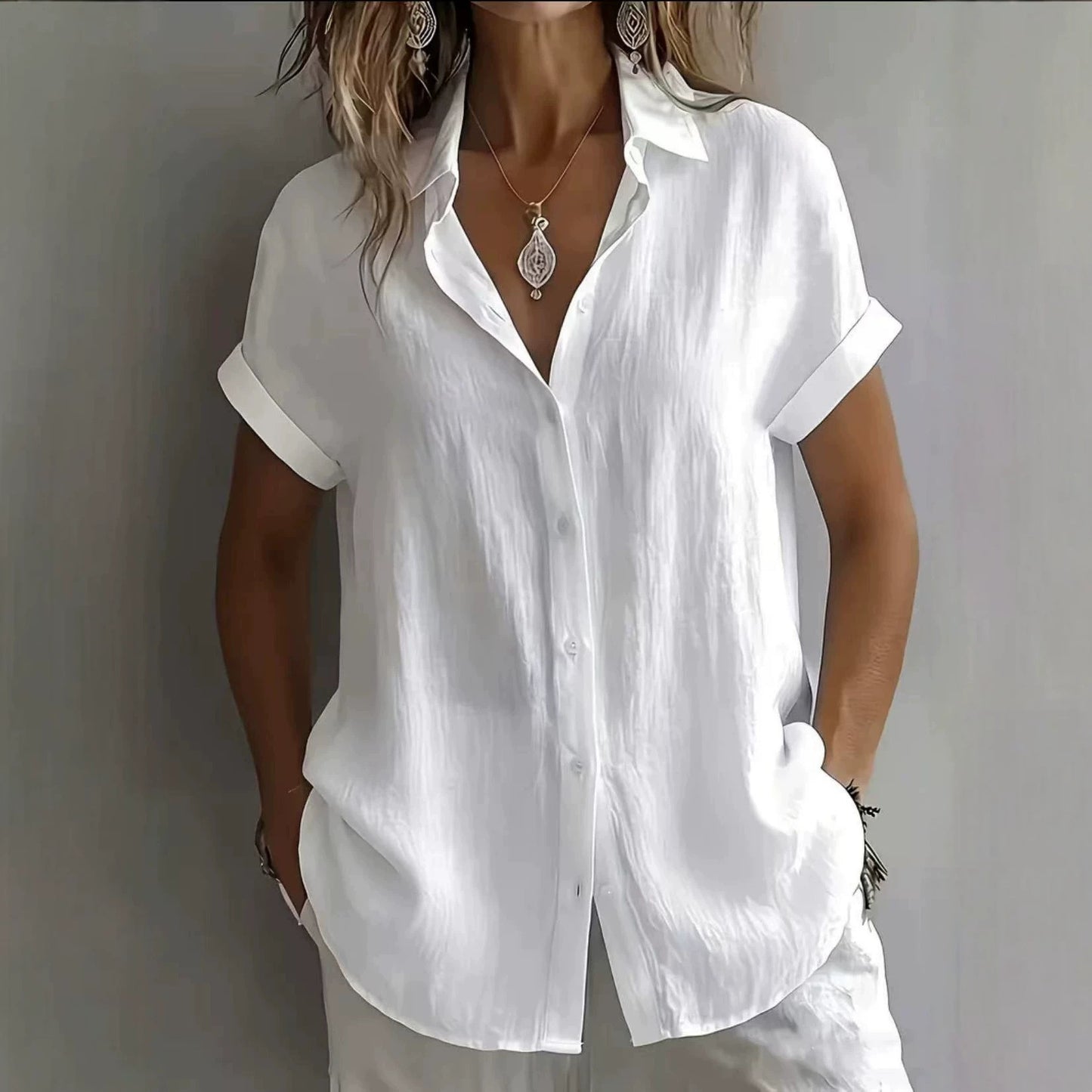 💃 S–2XL, Damska prosta lniana koszula z kołnierzykiem i krótkim rękawem na czas wolny