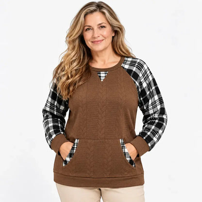 【S–2XL / 6 kolorów】Jesienno-zimowy sweter w kratę – luźny longsleeve w stylu western (patchwork) z okrągłym dekoltem