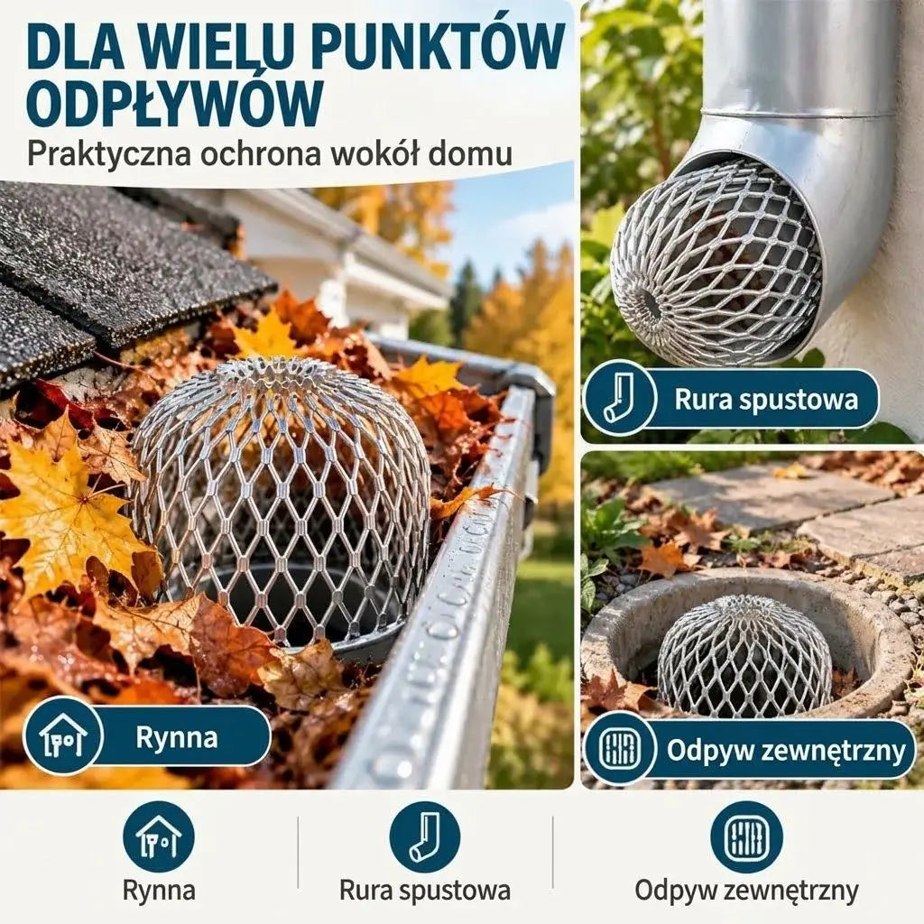🍂 Zestaw 10 elementów: Siatka chroniąca rynny i rury spustowe przed zatykaniem · Stop aluminium · Regulowany kształt · Łatwy montaż – bez użycia narzędzi!
