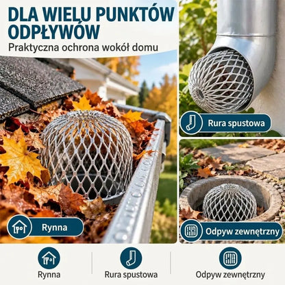 🍂 Zestaw 10 elementów: Siatka chroniąca rynny i rury spustowe przed zatykaniem · Stop aluminium · Regulowany kształt · Łatwy montaż – bez użycia narzędzi!