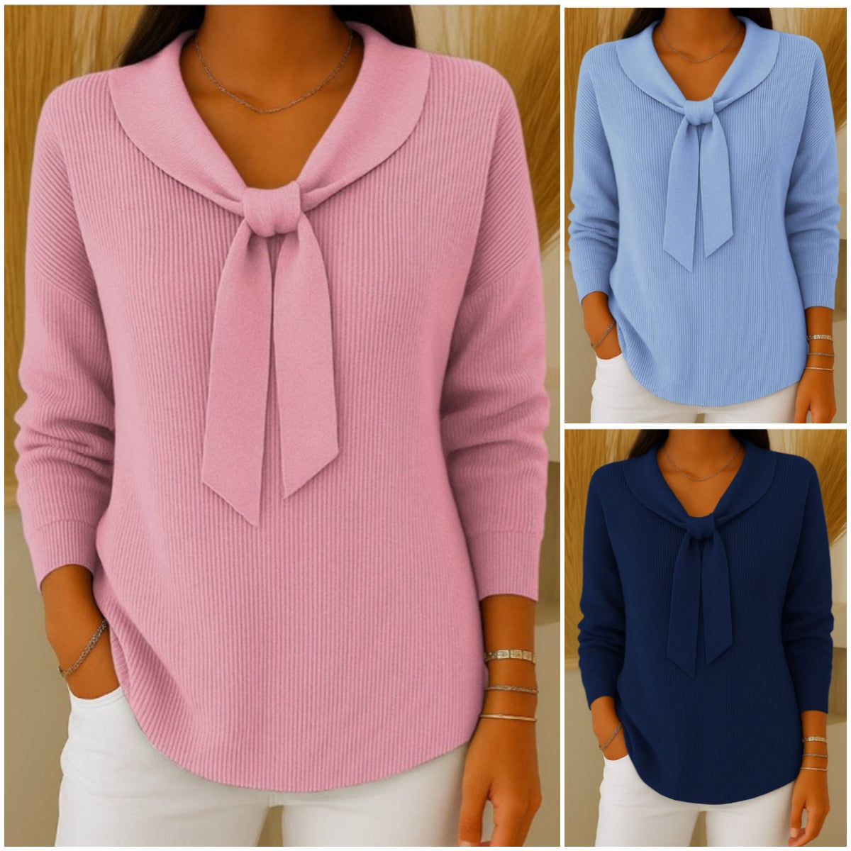 ✨🎀【Polskie zimowe gorące wyprzedaże】Sweter damski w jednolitym kolorze z wiązaniem i długim rękawem, swobodny i luźny【S~5XL】