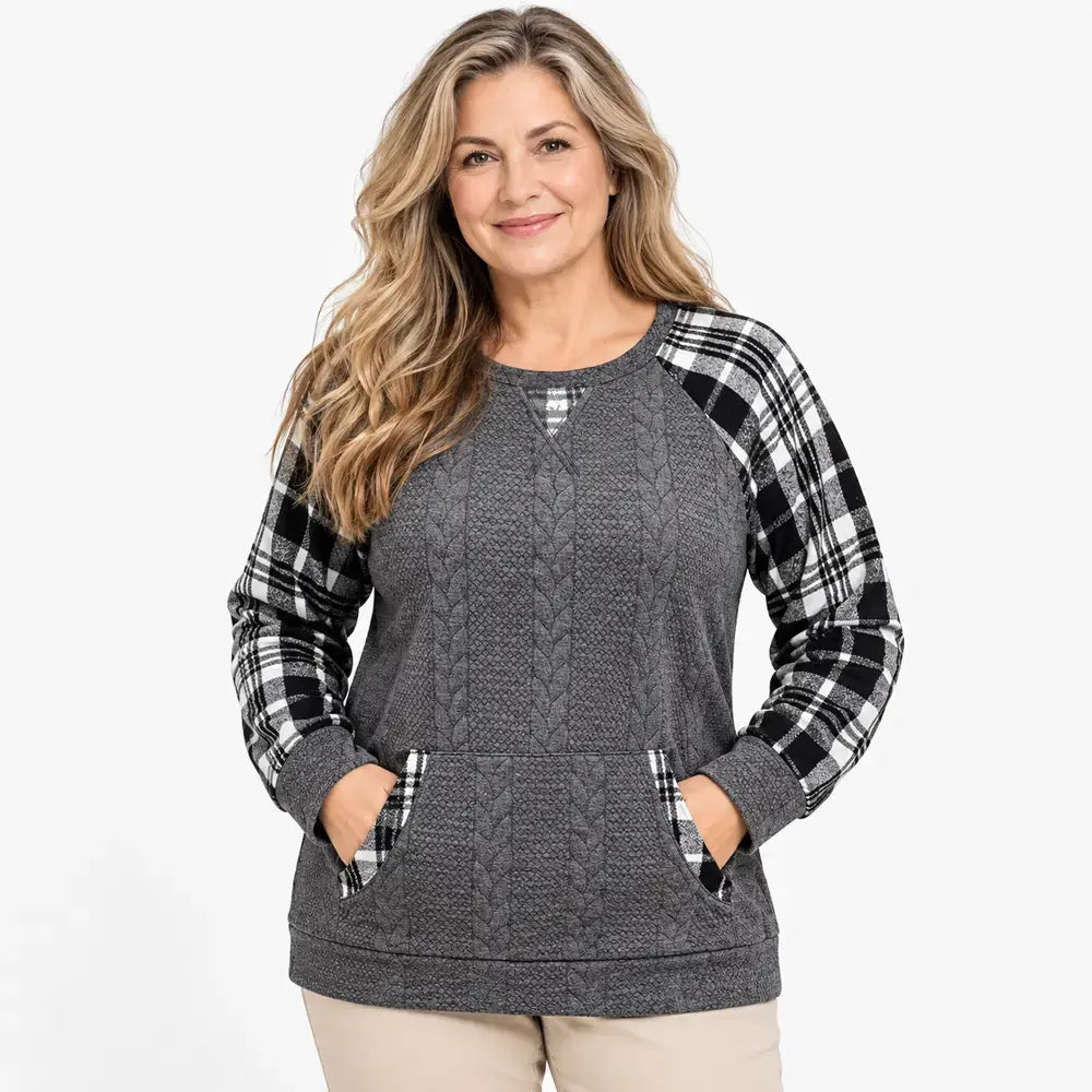 【S–2XL / 6 kolorów】Jesienno-zimowy sweter w kratę – luźny longsleeve w stylu western (patchwork) z okrągłym dekoltem