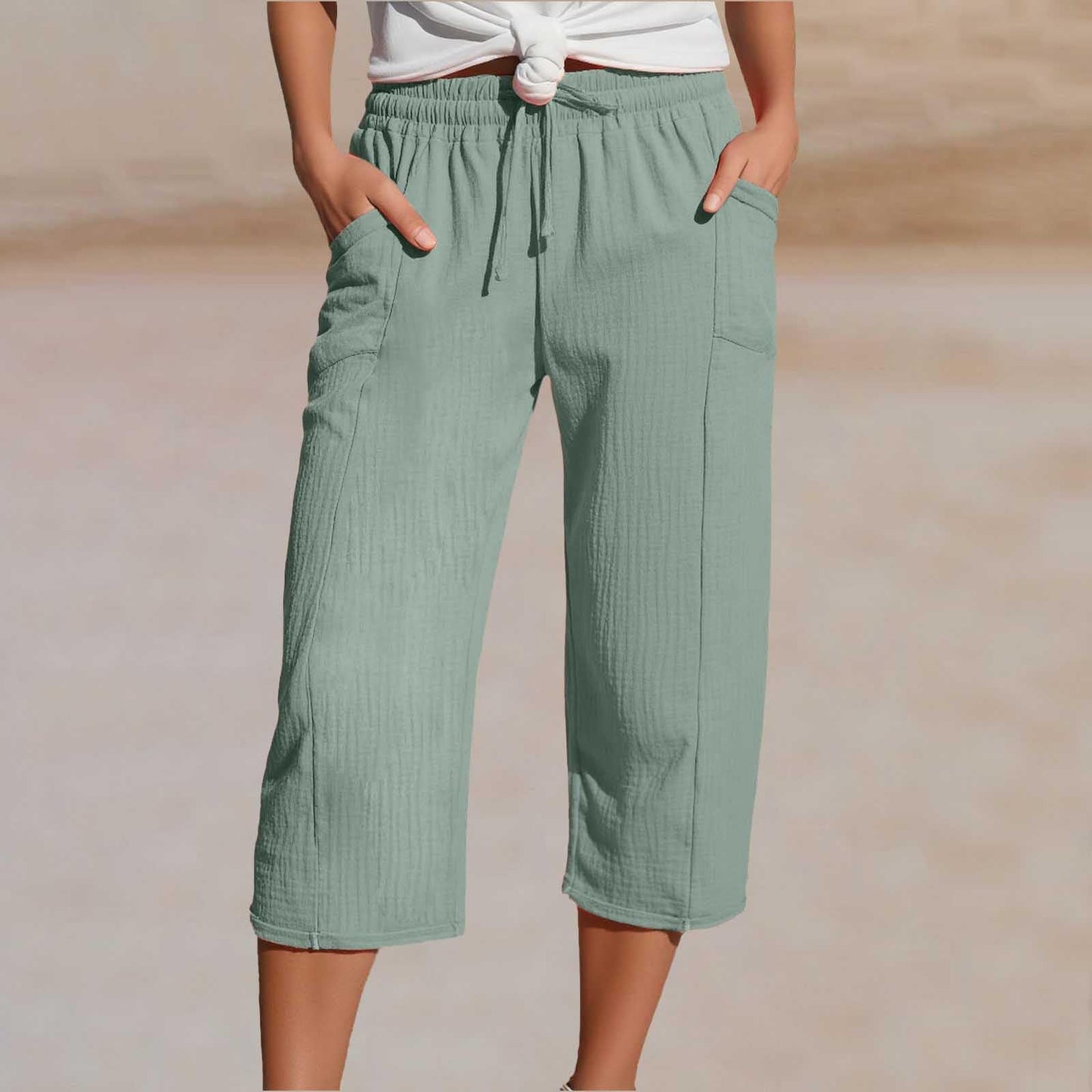 🌸【40-100 kg】Damskie spodnie capri w jednolitym kolorze, mieszanka bawełny i lnu💥Kup jedno, a drugie dostaniesz gratis💥