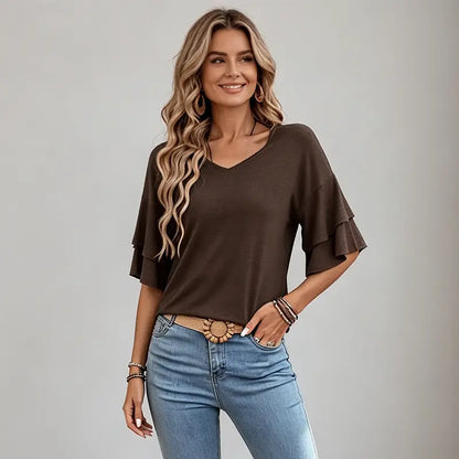 Damska letnia bluzka z czystej bawełny, dekolt w serek – elegancki T-shirt z bufiastymi rękawami, miękki, oddychający i przyjazny dla skóry materiał