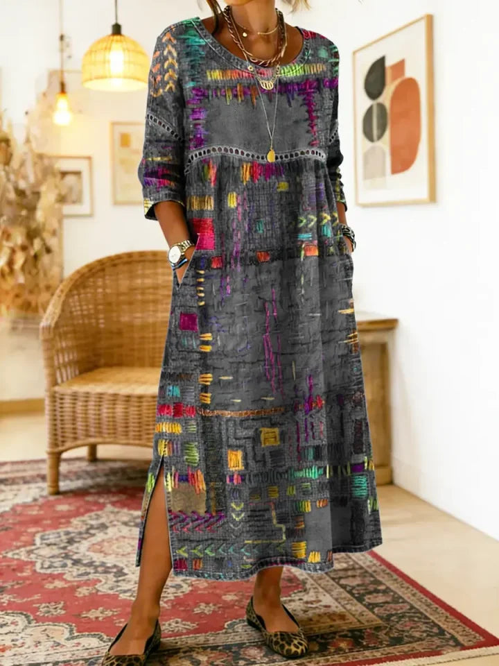 💟【50% DE DESCUENTO】Vestido de algodón con estampado étnico y patchwork para mujer con ribete de encaje