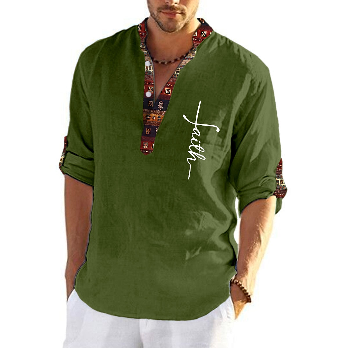 🔥Hot sale en España🔥Camisa hombre lino algodón estampada cuello pico