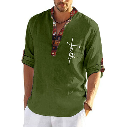 🔥Hot sale en España🔥Camisa hombre lino algodón estampada cuello pico
