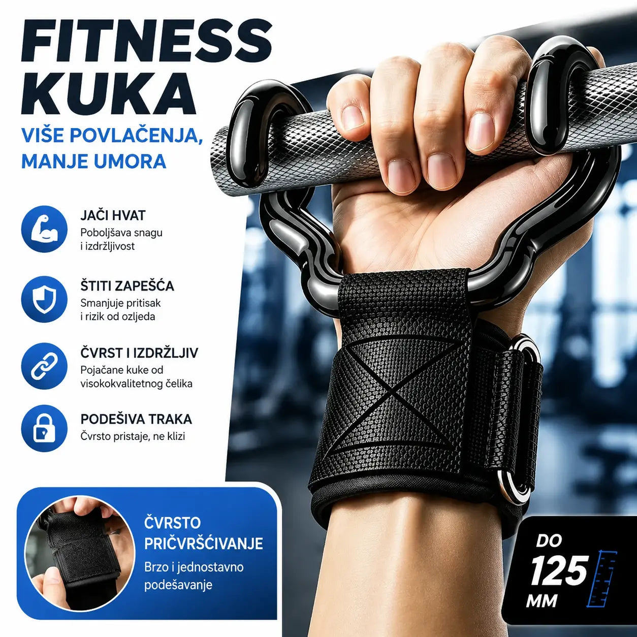 Set od 2 fitness kuke za bodybuilding i dizanje utega, proširena potpora 125 mm, protuklizne trake za zglobove, nosivost 250 kg za zgibove i mrtvo dizanje