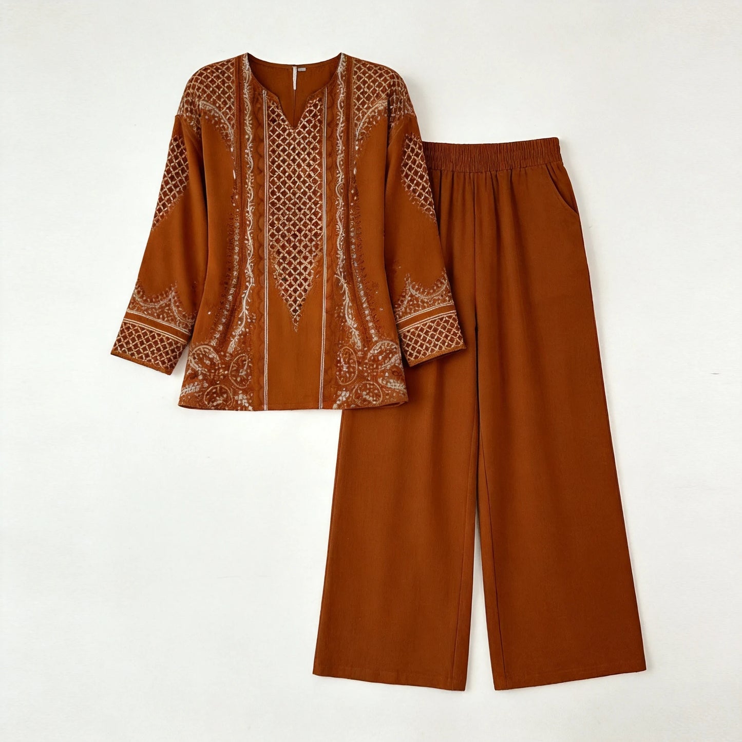 Elegancki damski komplet 2-częściowy: bluzka z nadrukiem w stylu vintage i spodnie z szerokimi nogawkami, miękki, oddychający i swobodny materiał