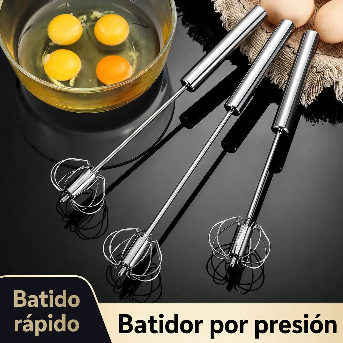 🥚 Compra 1 y llévate 1 GRATIS | Batidor semiautomático de acero inoxidable con sistema de presión y rotación