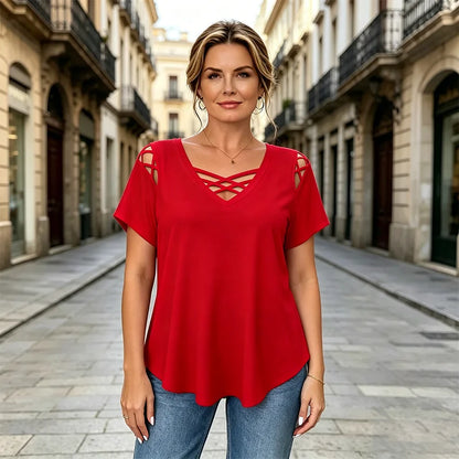 🔥【Zniżka ograniczona czasowo】【S-5XL】🔥👚 Koszulka wykonana w 100% z bawełny, z dekoltem w serek, wzorem w kratkę i wycięciami | nowoczesna i przewiewna