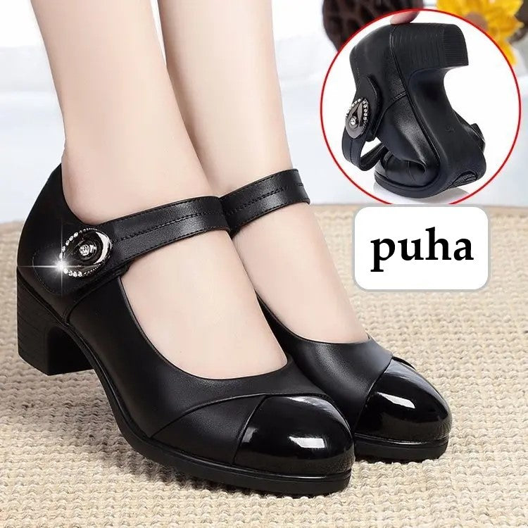 💕【50% zniżki】👞Damskie skórzane buty na grubym obcasie, z okrągłym noskiem i miękką podeszwą (rozmiary 35-40)🩰