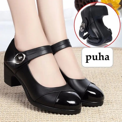 💕【50% zniżki】👞Damskie skórzane buty na grubym obcasie, z okrągłym noskiem i miękką podeszwą (rozmiary 35-40)🩰