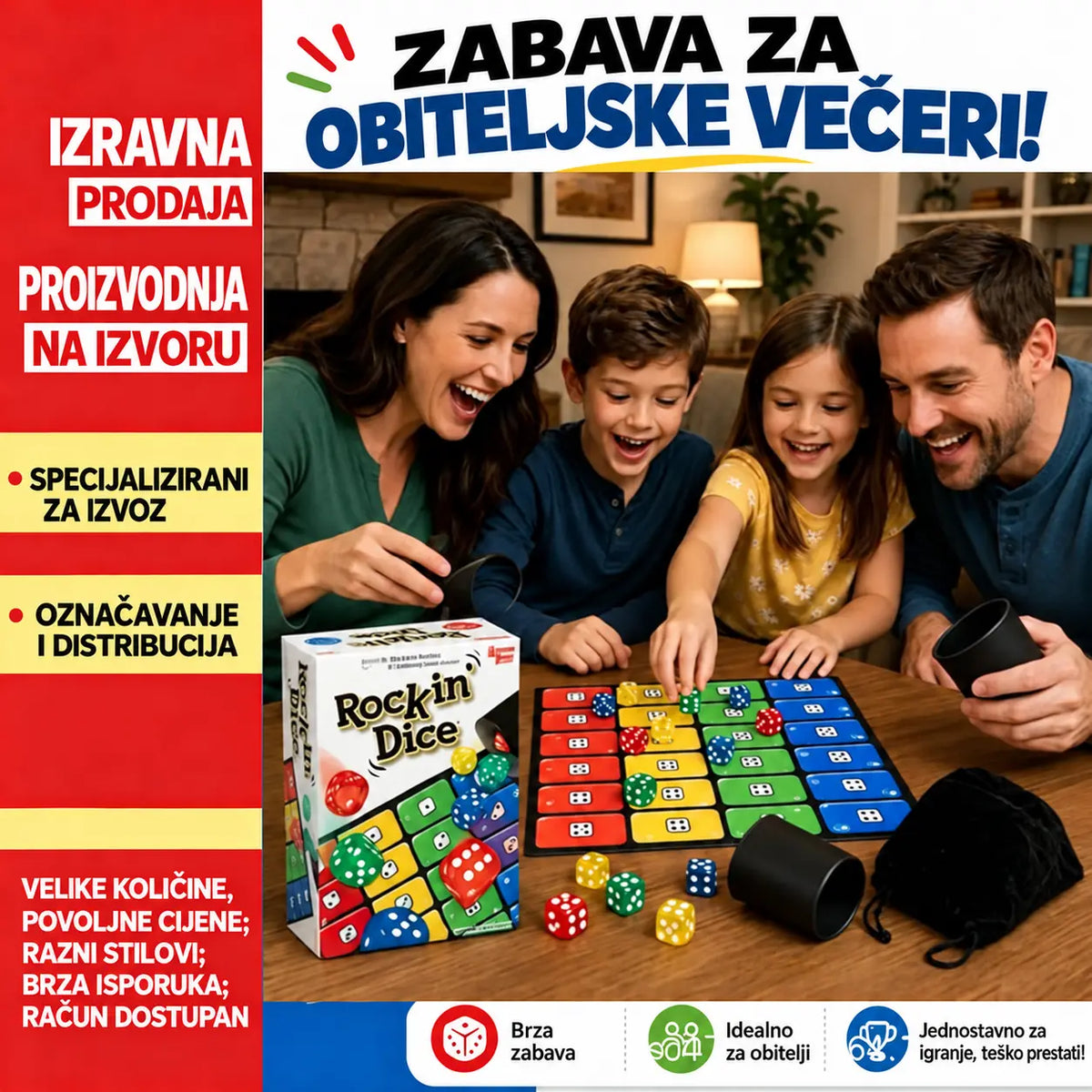 🎲 Obiteljska društvena igra Rockin' Dice — brza i zabavna igra s kockicama za 2-4 igrača, idealna za zajedničke večeri i jednostavna pravila koja svatko može svladati.