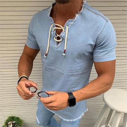 🤠【40-110kg✨】👔 Męska koszula jeansowa z krótkim rękawem i koronką, wykonana z elastycznego materiału, w dużych rozmiarach ✅️Płatność przy odbiorze