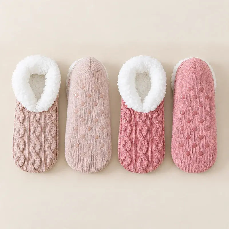 🧦 Poseban paket 2 para: Mekane kućne čarape s neklizajućim silikonskim potplatom · Topla unutrašnjost poput krzna · Elastično pletivo s uvijenim uzorkom · Udobnost i toplina za zimu!