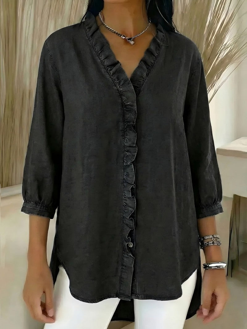 Ženska ležerna traper košulja s V-izrezom i volanima