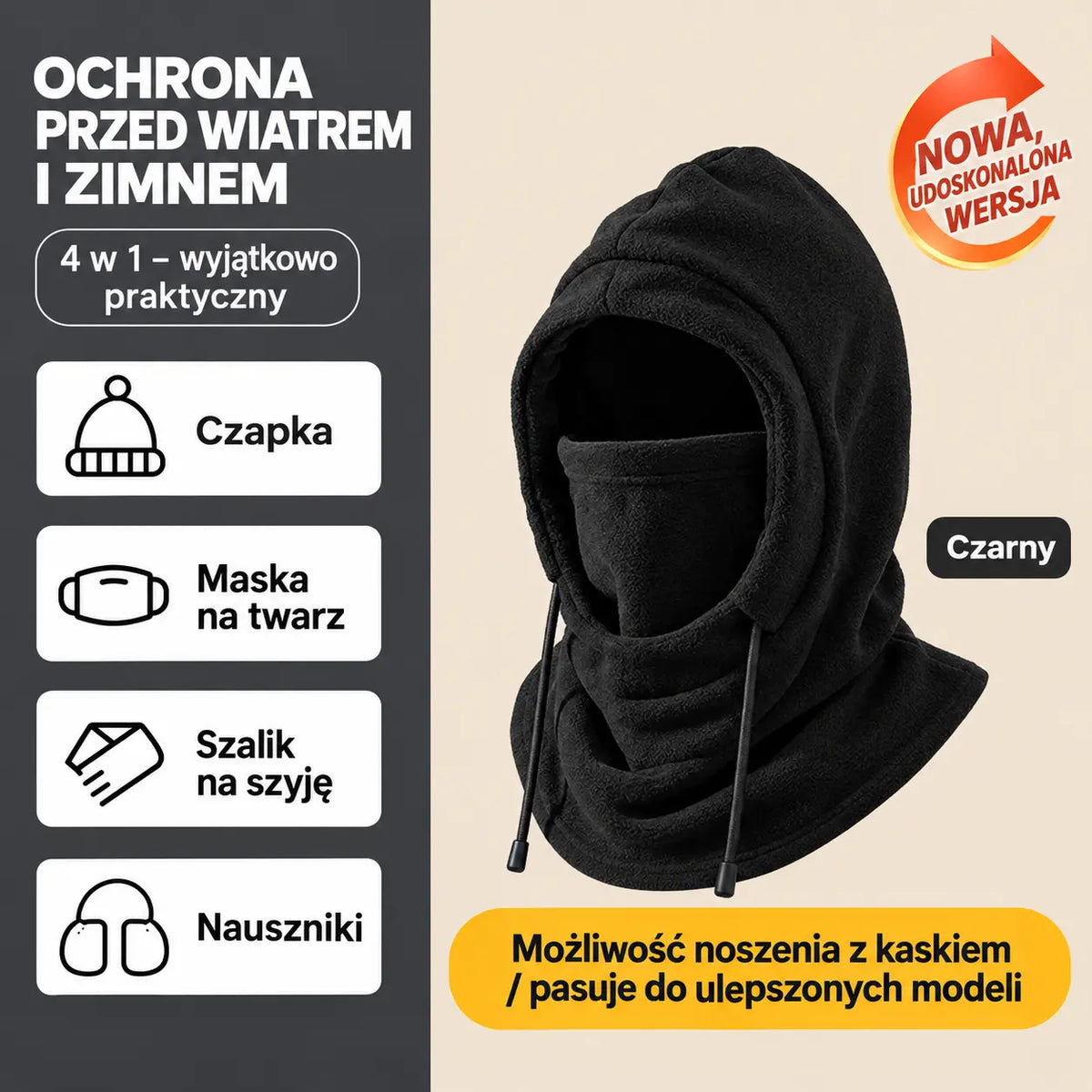 ❄️ Czapka termiczna zapewniająca pełną ochronę, z podszewką z polaru, która utrzymuje ciepło nawet przy temperaturze -20°C. ⛷️ Idealna do jazdy na nartach, na motocyklu oraz do aktywności na świeżym powietrzu.