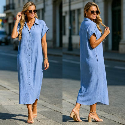 👗【S-3XL】Letnia nowość: Luźna i stylowa sukienka koszulowa z krótkim rękawem, wykonana z bawełny i lnu. Możliwość płatności przy odbiorze.