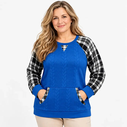 【S–2XL / 6 kolorów】Jesienno-zimowy sweter w kratę – luźny longsleeve w stylu western (patchwork) z okrągłym dekoltem