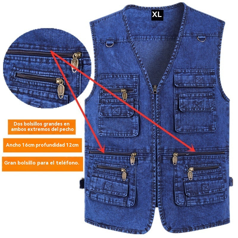 🔥El más vendido en España🔥【XL-7XL】2025 Chaleco vaquero multibolsillos para hombr💥Elegante, 💥Duradero, 💥Alta calidad, 💥Perfecto para pesca, actividades al aire libre y fotografía