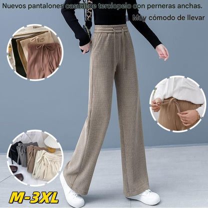 🔥 👖👖Nuevos pantalones casuales de terciopelo de pierna ancha para mujer, muy cómodos de llevar, de cintura alta con cordón y corte holgado.