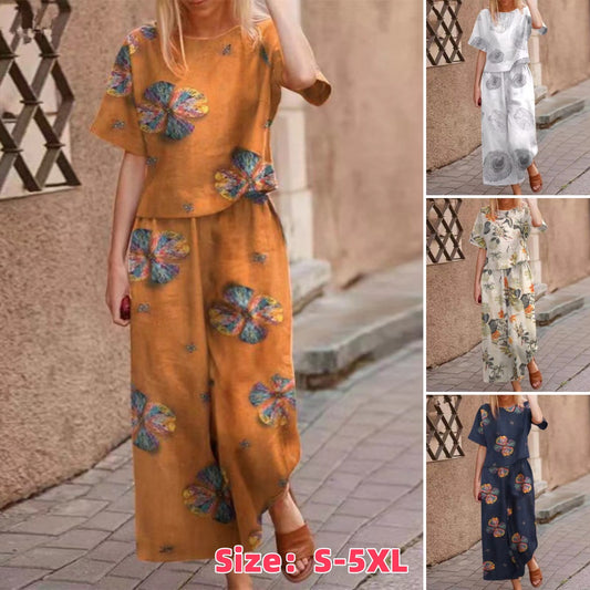 🧡【Vruća rasprodaja u Hrvatskoj】Modne cvjetne kratke rukave, ležerne hlače s devet točaka [košulja kratkih rukava + hlače] dvodijelni set