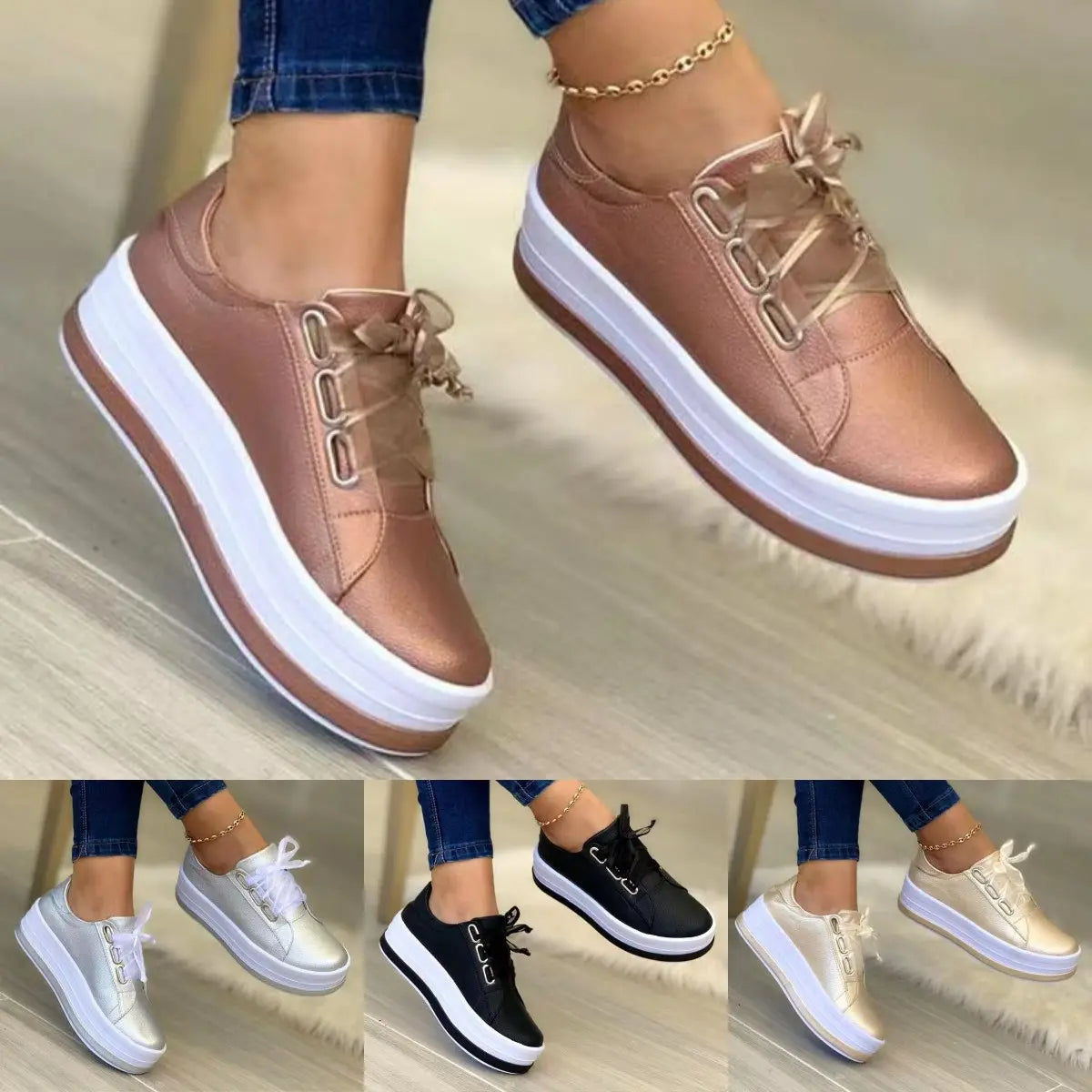 Nowe damskie buty codzienne z okrągłym noskiem i grubą podeszwą (35–43)