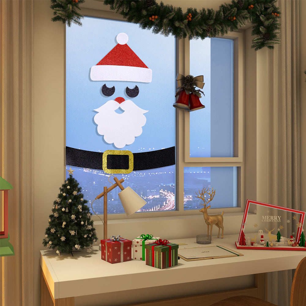 Christmas felt decorations for doors and windows, cartoon snowmen, Santa Claus, and reindeer.