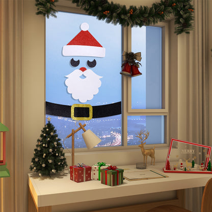 Christmas felt decorations for doors and windows, cartoon snowmen, Santa Claus, and reindeer.