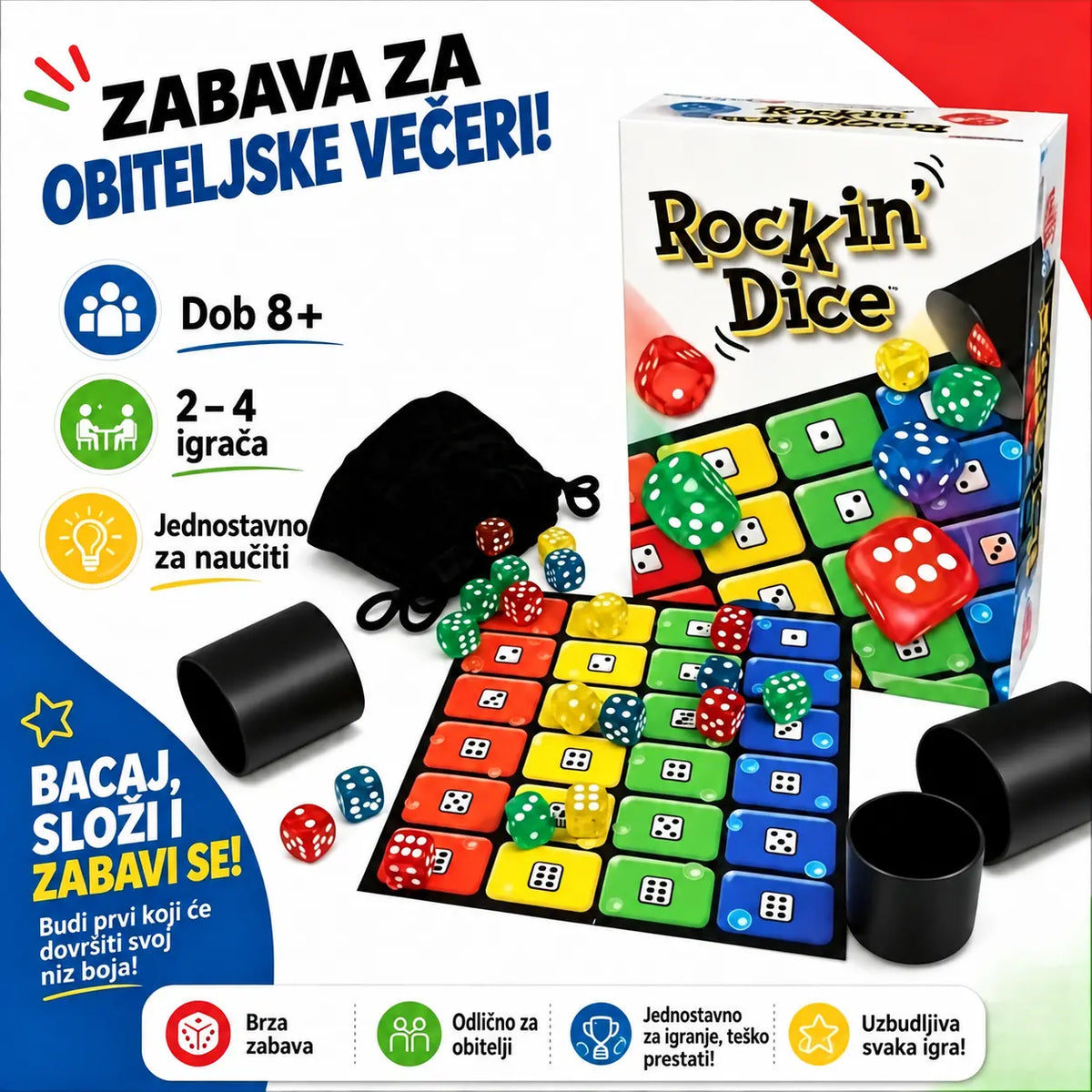 🎲 Obiteljska društvena igra Rockin' Dice — brza i zabavna igra s kockicama za 2-4 igrača, idealna za zajedničke večeri i jednostavna pravila koja svatko može svladati.
