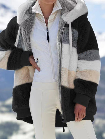 ☃️Nuevos productos de otoño e invierno❄️【S-5XL】 Chaqueta de mujer 2025 con franjas de peluche grueso en contraste.Moda y cálidos