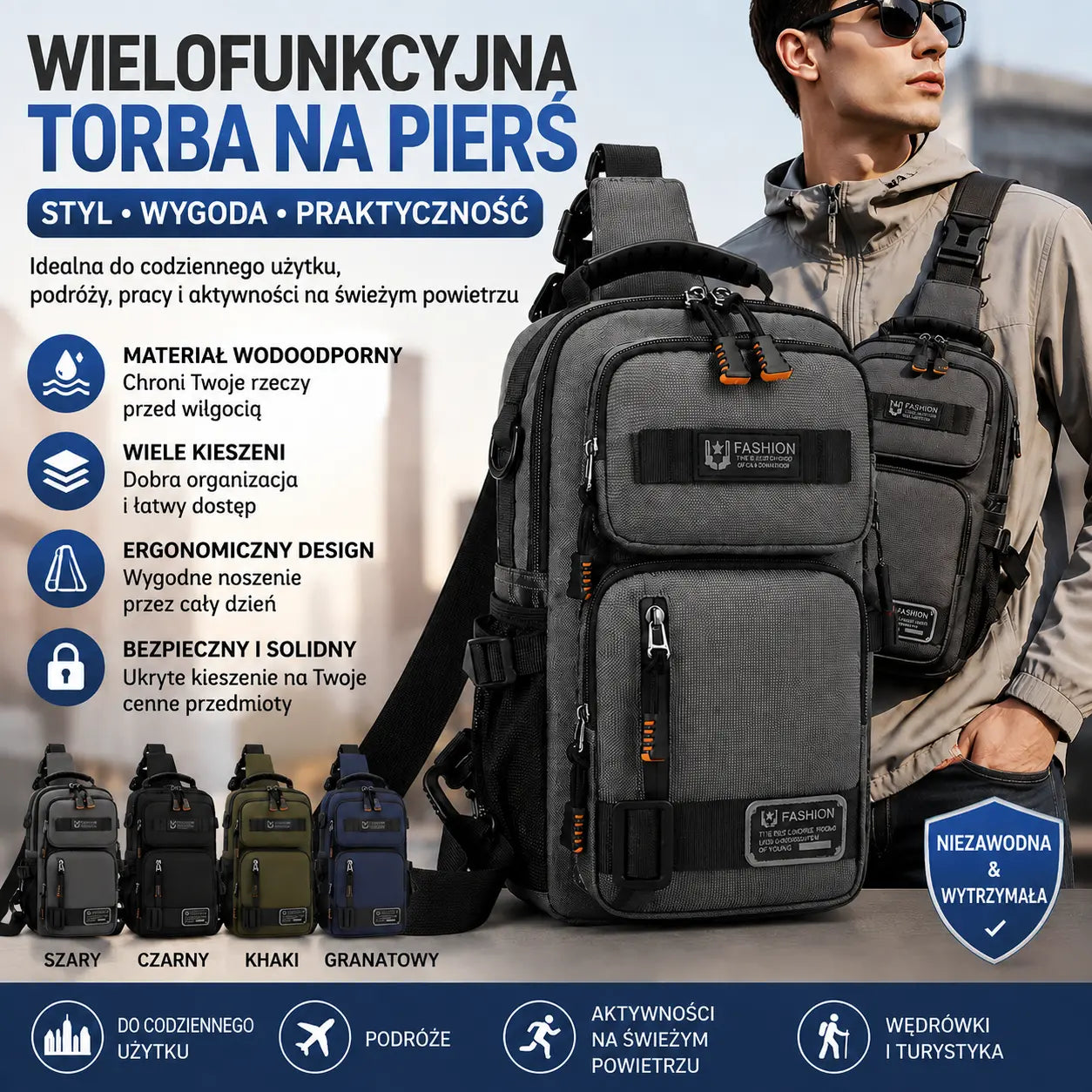 Męska torba piersiowa, torba na ramię o dużej pojemności z wieloma kieszeniami.