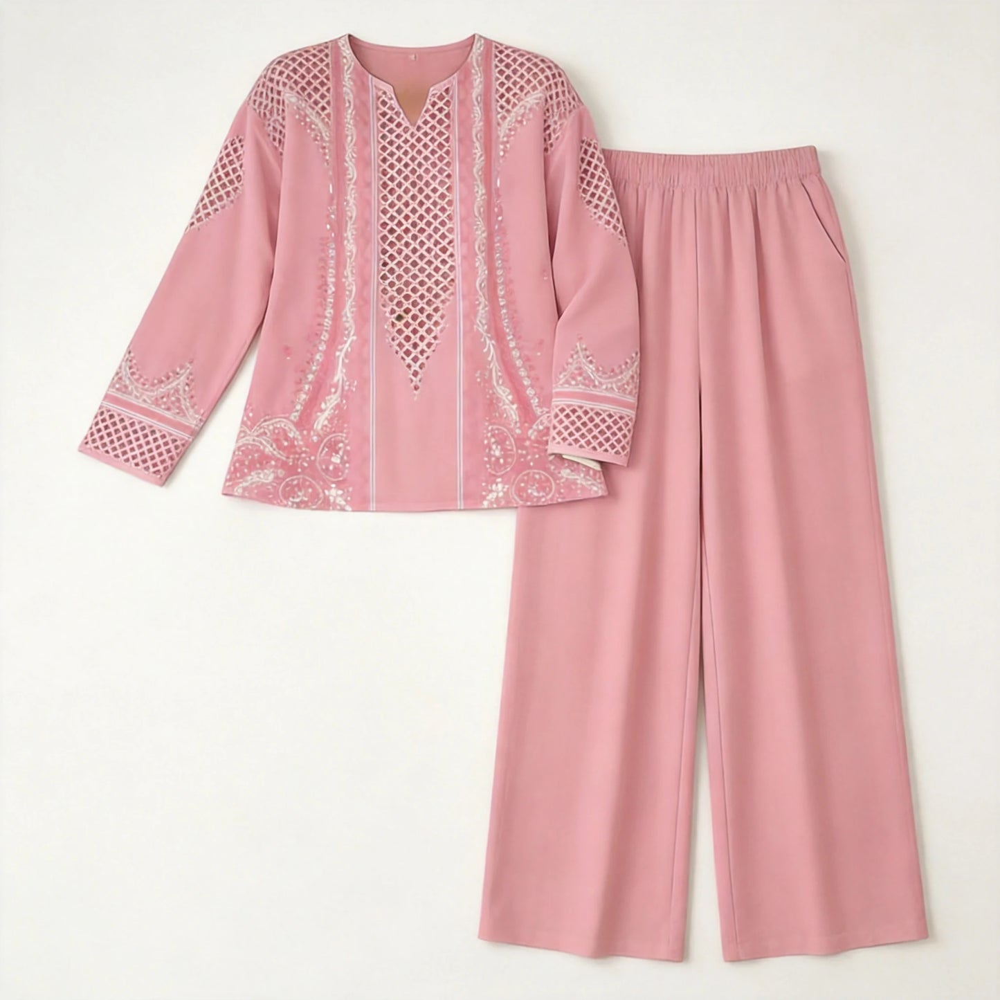 Elegancki damski komplet 2-częściowy: bluzka z nadrukiem w stylu vintage i spodnie z szerokimi nogawkami, miękki, oddychający i swobodny materiał