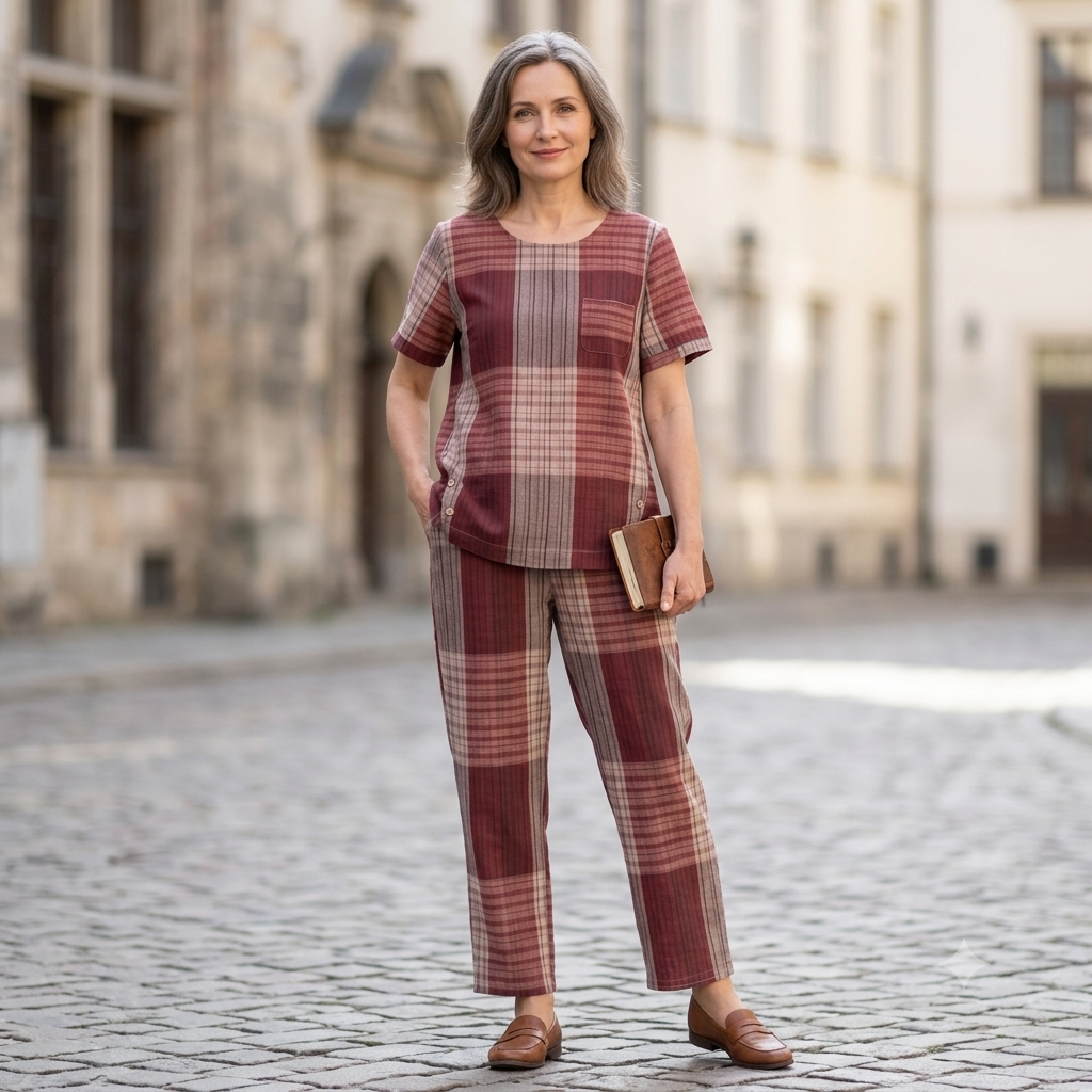 【Spodnie + Top】Komplet spodni bawełnianych w kratę i T-shirtu w dużym rozmiarze