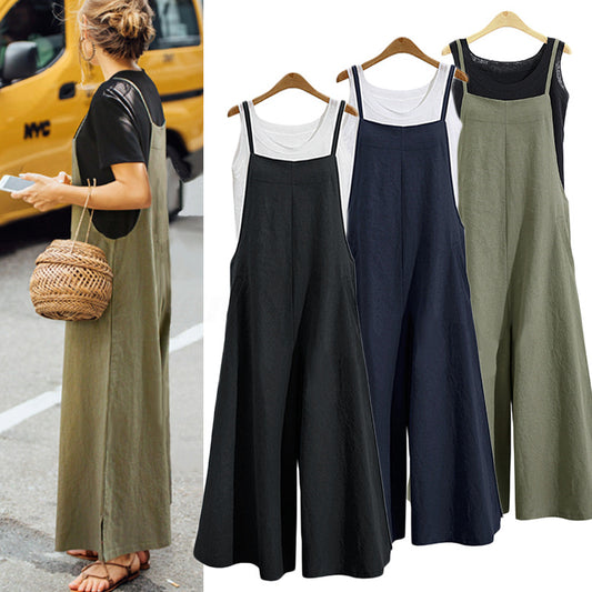 🔥【S-5XL】Mono de pierna ancha con tirantes simples, de color sólido, informal, holgado y ajustado para mujer