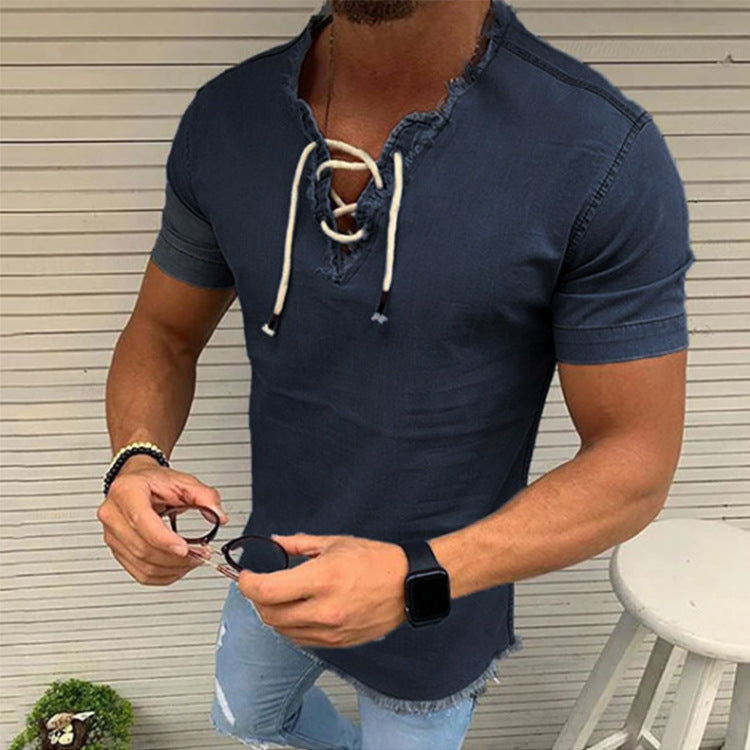 🤠【40-110kg✨】👔 Męska koszula jeansowa z krótkim rękawem i koronką, wykonana z elastycznego materiału, w dużych rozmiarach ✅️Płatność przy odbiorze