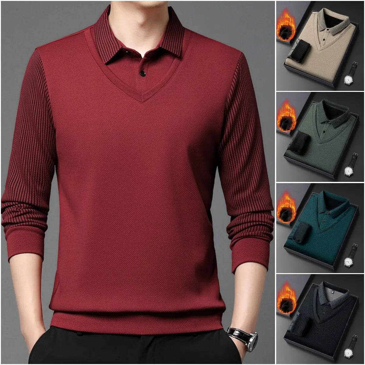 【M-4XL】 Dwuczęściowa koszulka POLO w fałszywe patchworkowe paski